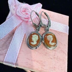 Vintage Silver Tone Mini Cameo Drop Earrings